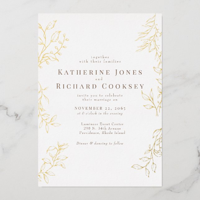 Invitation En Aluminium Élégant Mariage Blanc Foliage Or (Recto)