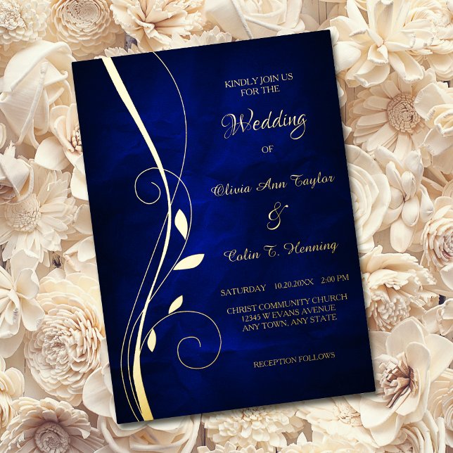 Invitation En Aluminium Elégant Mariage bleu profond à la feuille (Créateur téléchargé)