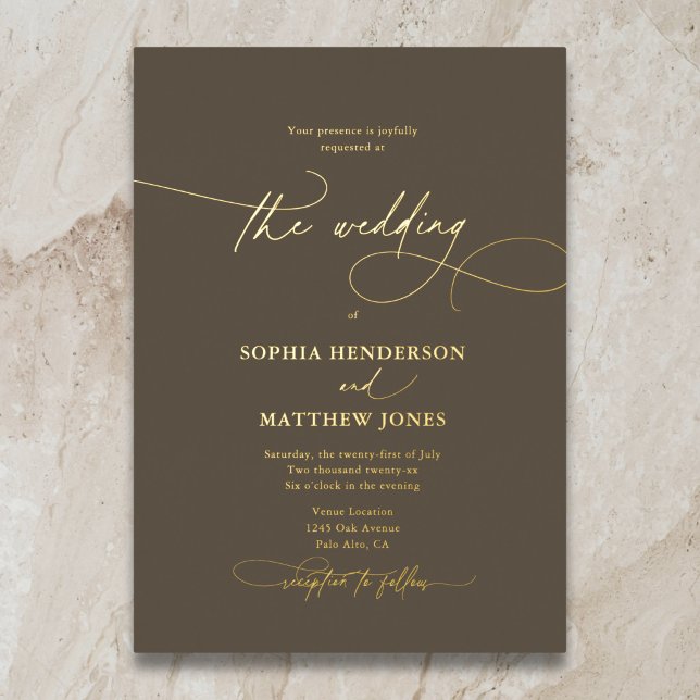 Invitation En Aluminium Élégant Mariage Bohème Brun Script (Créateur téléchargé)