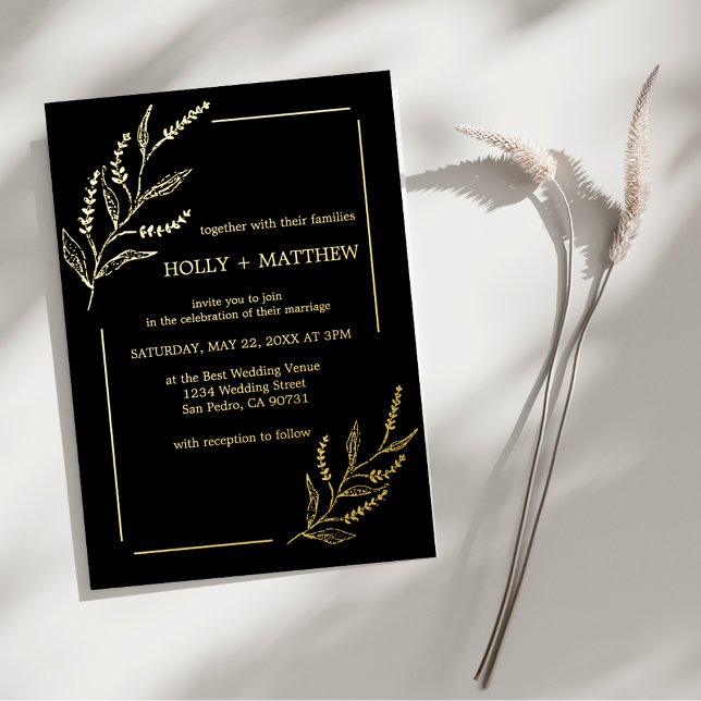 Invitation En Aluminium Élégant Mariage Botanique Noir Or Véritable (Créateur téléchargé)