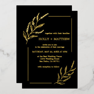 Invitation En Aluminium Élégant Mariage botanique noir Real Gold