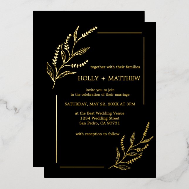 Invitation En Aluminium Élégant Mariage botanique noir Real Gold (Recto/Verso)