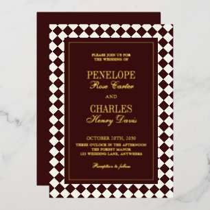 Invitation En Aluminium Élégant Mariage Bourguignon à Carreaux Vintage Or