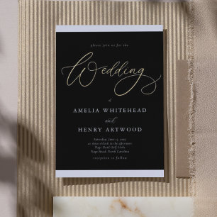 Invitation En Aluminium Élégant Mariage Calligraphie Noir et Blanc Or