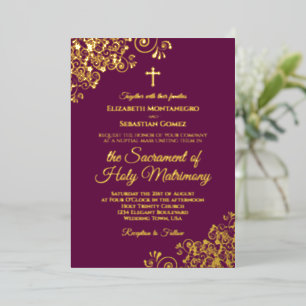 Invitation En Aluminium Élégant Mariage catholique Magenta Plum & Gold