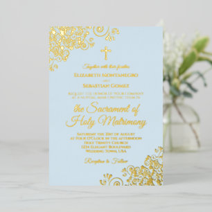 Invitation En Aluminium Élégant Mariage catholique Poudre Bleu & Or