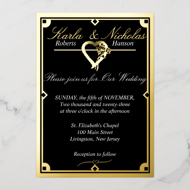 Invitation En Aluminium Élégant Mariage de coeur Art déco noir (Recto)
