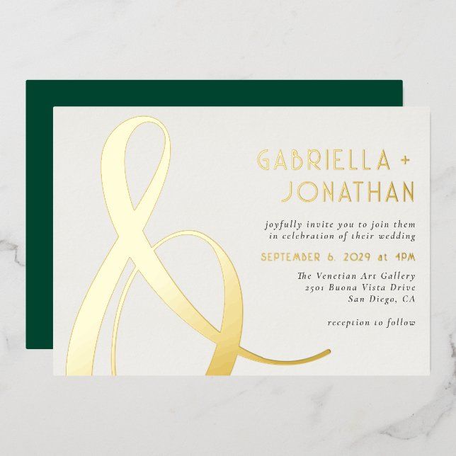 Invitation En Aluminium Élégant Mariage de crème verte Emerald or Ampersan (Recto/Verso)