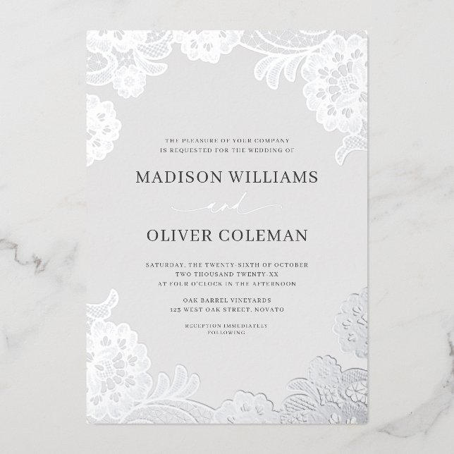 Invitation En Aluminium Élégant Mariage de dentelle gris + huile d'argent  (Recto)