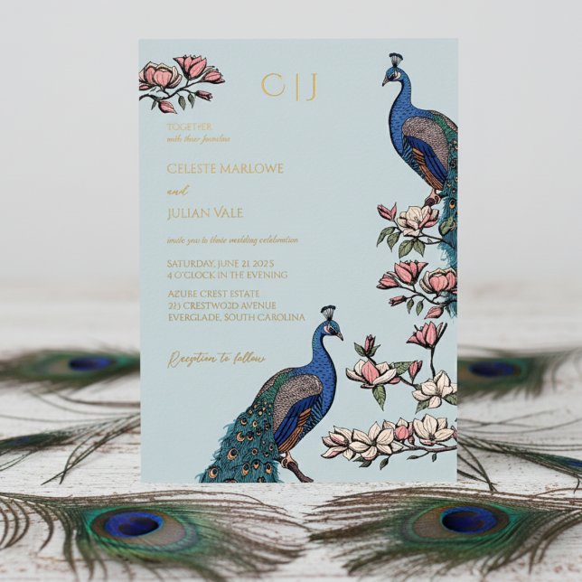 Invitation En Aluminium Élégant Mariage de paon floral (Elegant Light Blue Wedding Invitations. Trendy Floral Blue Peacock, Teal Feathers, Magnolia Flowers)