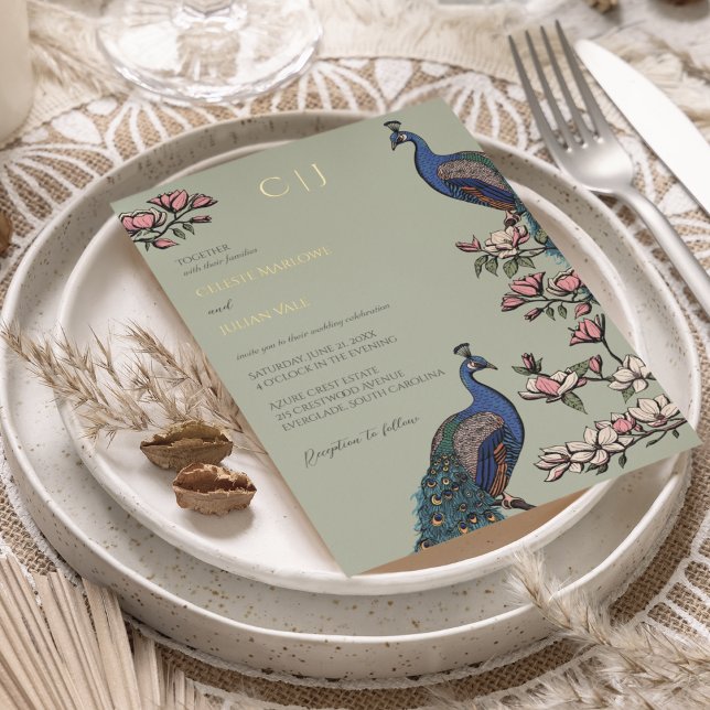 Invitation En Aluminium Élégant Mariage de Peacock Floral Sage Green (Real Gold Foil Elegant Rustic Peacock on Magnolia Tree. Hand-Drawn Modern Chinoiserie in Sage Green)