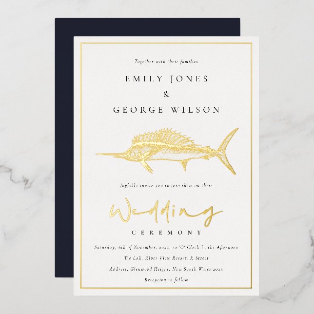 Invitation En Aluminium Elégant Mariage de poisson de la marine de ligne o (Recto/Verso)