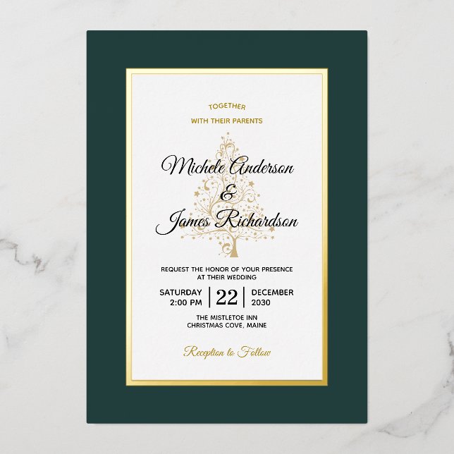 Invitation En Aluminium Élégant Mariage de vacances Emerald Gold Winter (Recto)