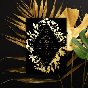 Invitation En Aluminium Élégant Mariage diamant floral noir or