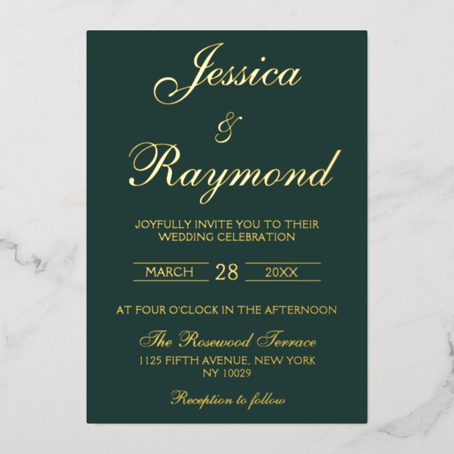 Invitation En Aluminium Élégant Mariage Emerald Green et Gold Foil (Recto)