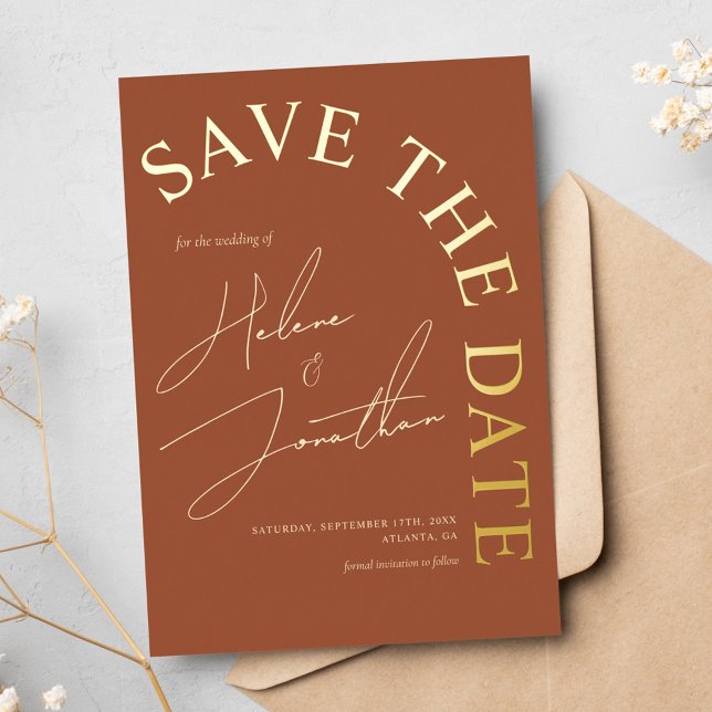 Invitation En Aluminium Élégant Mariage En Terracotta Élégant Enregistrer  (Stylish Elegant Terracotta Wedding Save The Date Foil Invitation)