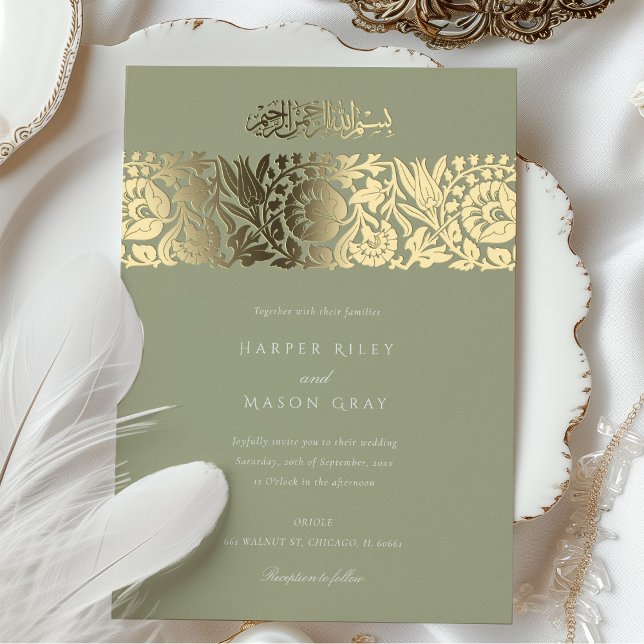 Invitation En Aluminium Élégant Mariage Floral Islamique Gold Sage Vert (Créateur téléchargé)