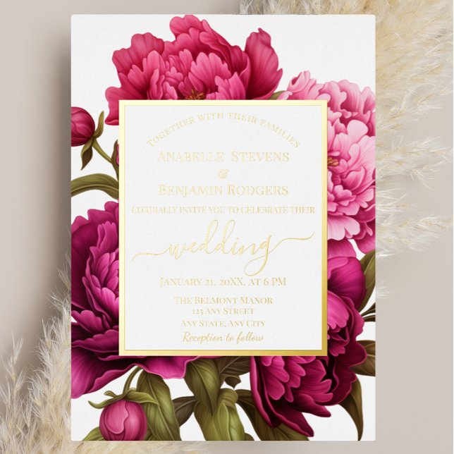 Invitation En Aluminium Élégant Mariage floral Magenta Peony (Créateur téléchargé)