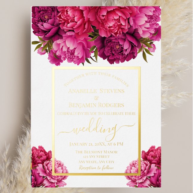 Invitation En Aluminium Élégant Mariage floral Magenta Peony (Créateur téléchargé)