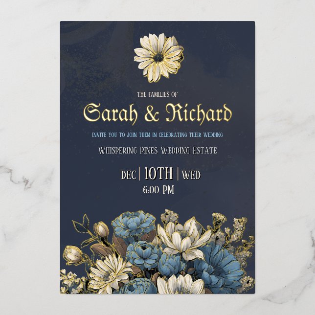 Invitation En Aluminium Elégant Mariage floral marine et or (Recto)