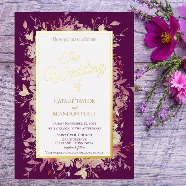Invitation En Aluminium Élégant mariage floral violet foncé or (Créateur téléchargé)