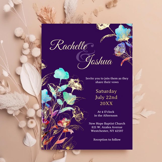 Invitation En Aluminium Élégant Mariage floral violet profond et or (Créateur téléchargé)
