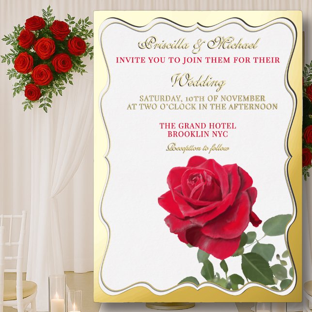Invitation En Aluminium Élégant Mariage Foil Invitat Rouge Rose & Or (Créateur téléchargé)