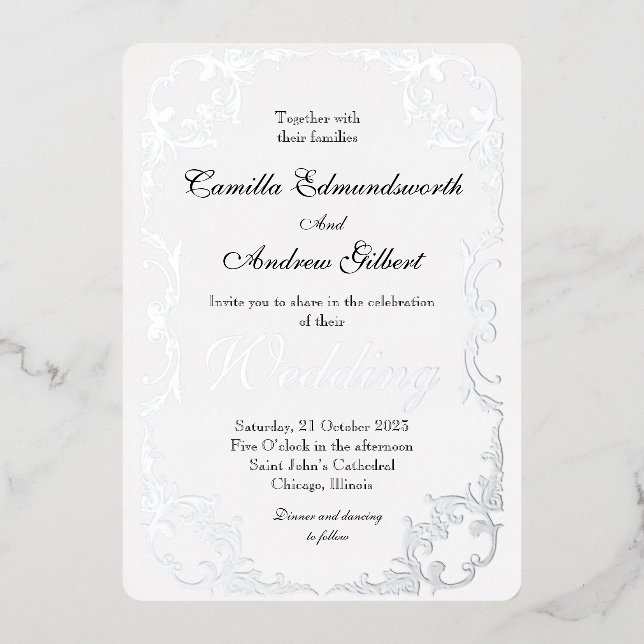 Invitation En Aluminium Élégant Mariage frontalier Argent (Recto)