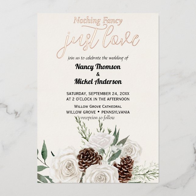 Invitation En Aluminium Élégant mariage hiver or Evergreen  (Recto)