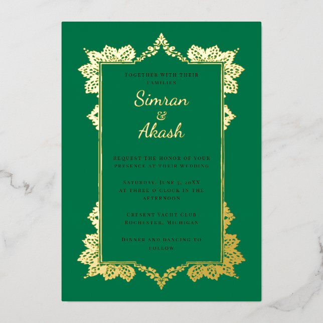 Invitation En Aluminium Élégant mariage indien vert émeraude (Recto)