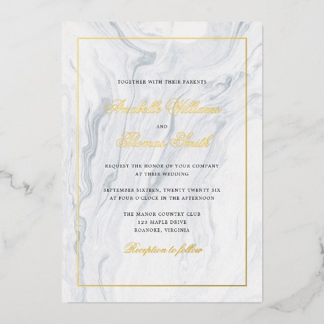 Invitation En Aluminium Élégant Mariage Marbre et Or (Recto)