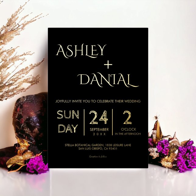 Invitation En Aluminium Élégant Mariage moderne Noir et Or Simple (Créateur téléchargé)