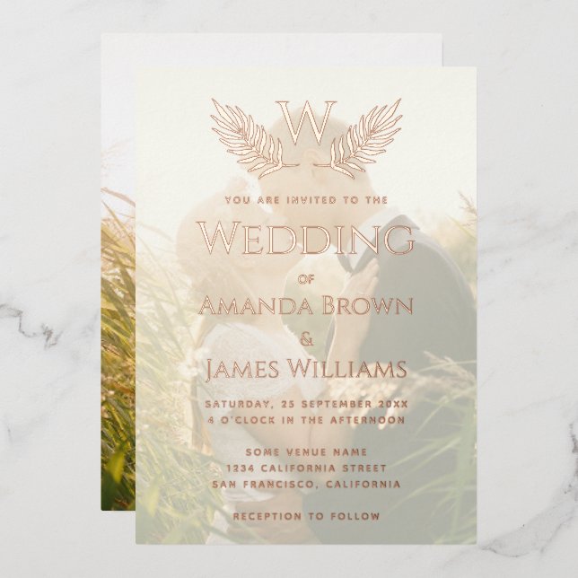 Invitation En Aluminium Élégant mariage Monogramme Feuilles Photo transpar (Recto/Verso)