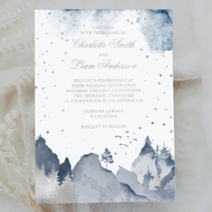 Invitation En Aluminium Élégant Mariage Montagne Hiver Forest Argent Feuil