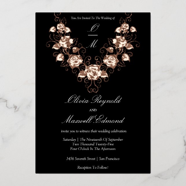 Invitation En Aluminium Élégant Mariage noir et Rose or (Recto)