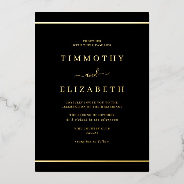 Invitation En Aluminium Élégant Mariage noir or simple (Recto)