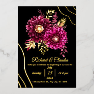 Invitation En Aluminium Elégant Mariage or bordeaux rouge et noir floral