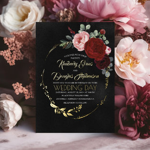 Invitation En Aluminium Elégant Mariage or bordeaux rouge et noir floral