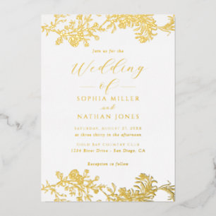 Invitation En Aluminium Élégant Mariage Or Feuille Floral Dentelle Écritur