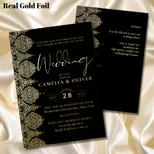 Invitation En Aluminium Élégant Mariage Orné Broderie Or Papier D'or Noir