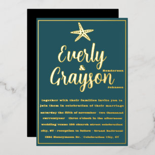 Invitation En Aluminium Elégant Mariage Starfish Turquoise et Gold Beach