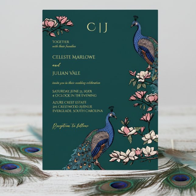 Invitation En Aluminium Élégant Mariage Turquoise de Peacock Floral (Elegant Teal Green Wedding Invitations. Trendy Floral Blue Peacock, Teal Feathers, Magnolia Flowers)