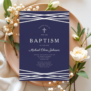 Invitation En Aluminium Élégant Marine Bleu Argent Script Garçon Baptême