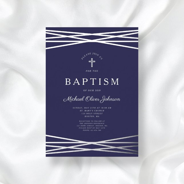 Invitation En Aluminium Élégant Marine Bleu Argent Script Garçon Baptême (Elegant Navy Blue Silver Script Boy Baptism Foil Invitation)