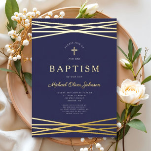 Invitation En Aluminium Elégant Marine Bleu Boy Baptism Or