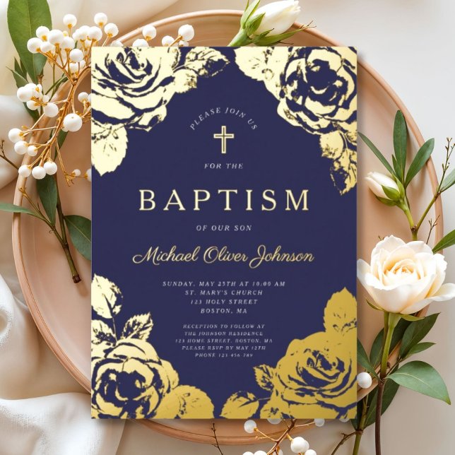 Invitation En Aluminium Elégant Marine Bleu Floral Boy Baptism Or (Elegant Navy Blue Gold Floral Boy Baptism Foil Invitation)