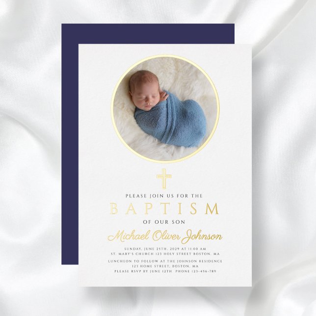 Invitation En Aluminium Elégant Marine Bleu Garçon Photo Religieux Baptême (Elegant Navy Blue Boy Religious Photo Baptism Gold Foil Invitation)
