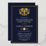 Invitation En Aluminium Elégant Marine Bleu & Or Masquerade Sweet 16 Party<br><div class="desc">Elégante Marine Blue & Gold Masquerade Sweet 16 Party Foil Invitations. Doté d'un masque en feuille d'or en haut contre un arrière - plan bleu marine. Parfait pour une fête de 16 ans moderne et classe !</div>