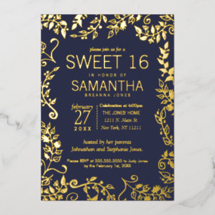 Invitation En Aluminium Elégant Marine Bleu Véritable Or Floral Sweet 16