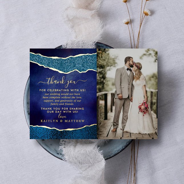 Invitation En Aluminium Elégant Marine Blue & Gold Agate Mariage Merci (Créateur téléchargé)